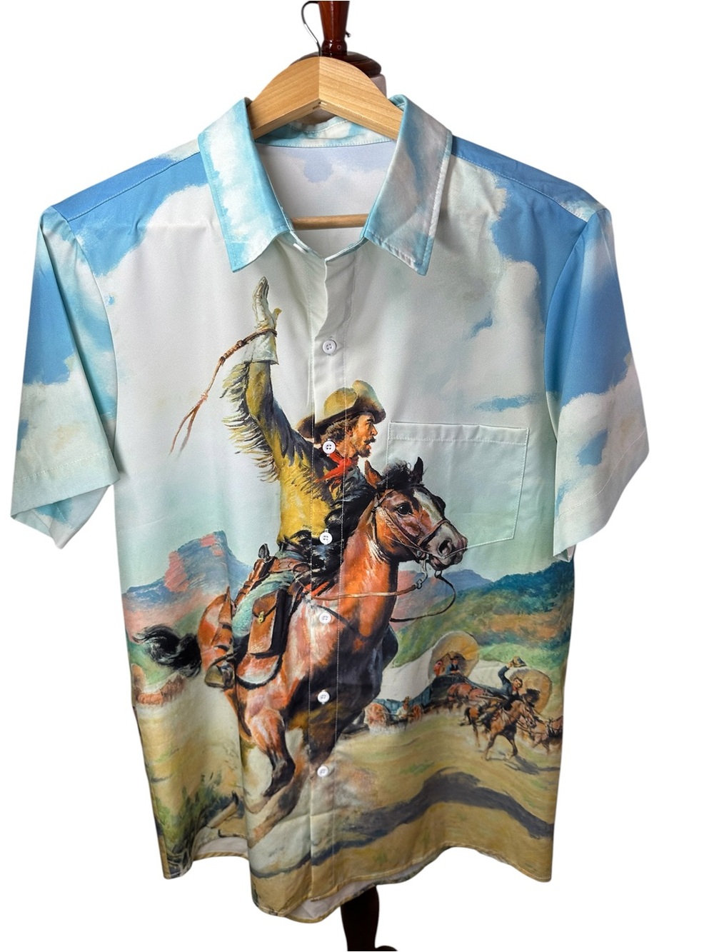 Men’s Western Cowboy Horse Rodeo Art Print Button Down Shirt Size Small